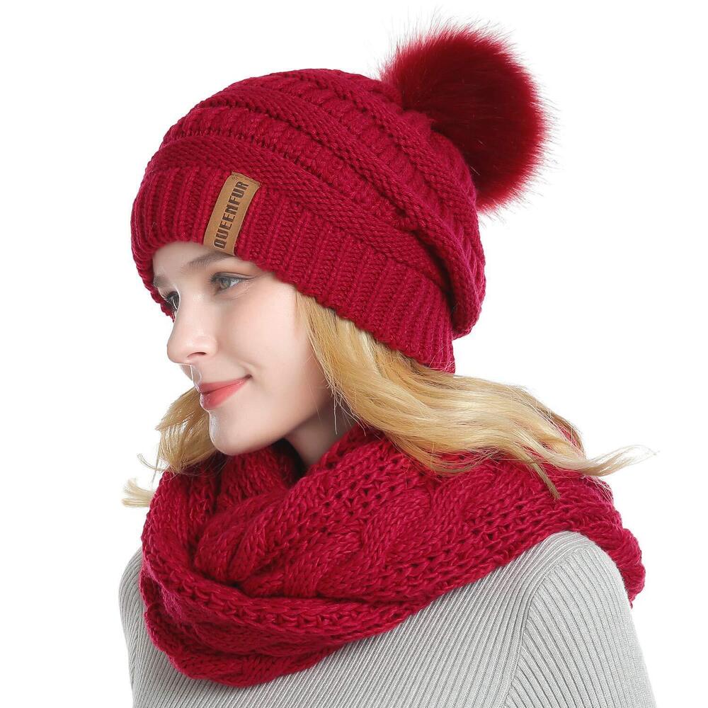 1121 Hat and Scarf Set Thick Winter Cable Knit Beanie Scarf Red Set